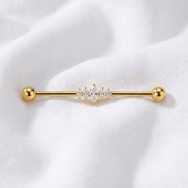 Piercing Industriel Doré : Barre Titane 5 Zircons Marquises - vue 4