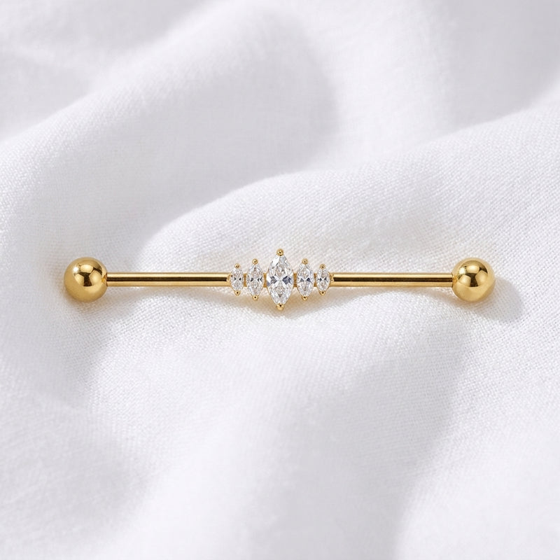 Piercing Industriel Doré : Barre Titane 5 Zircons Marquises - vue 4