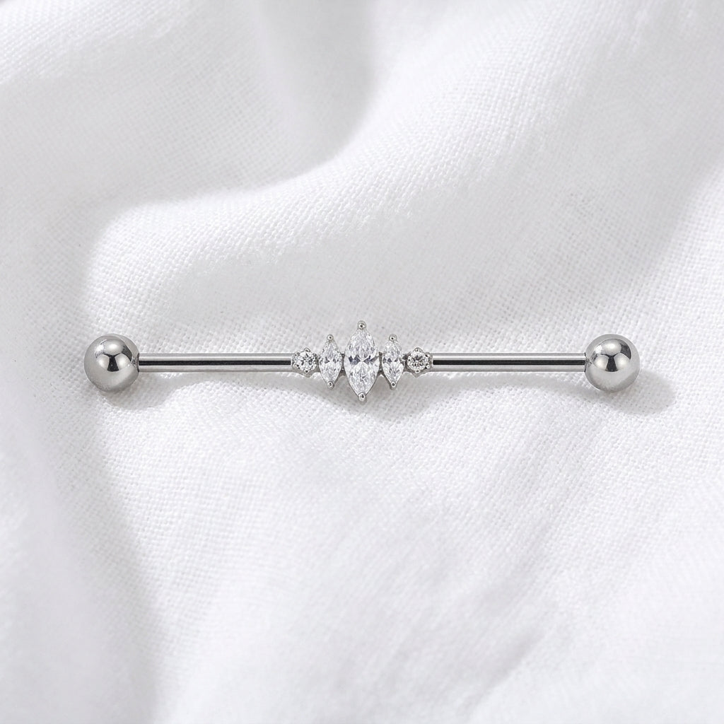 Piercing Industriel Doré : Barre Titane 5 Zircons Marquises - vue 2