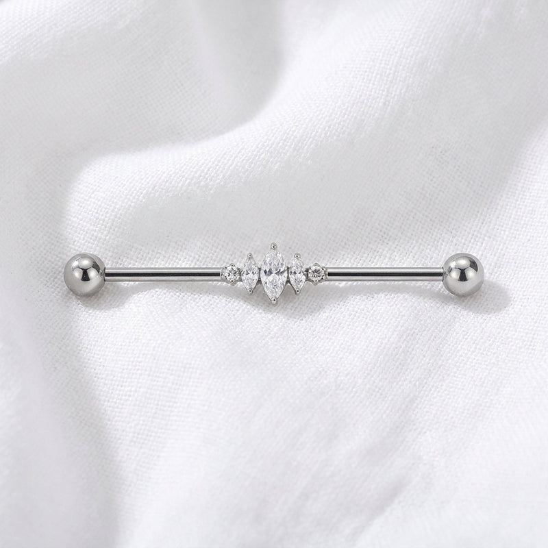 Piercing Industriel Doré : Barre Titane 5 Zircons Marquises - vue 2