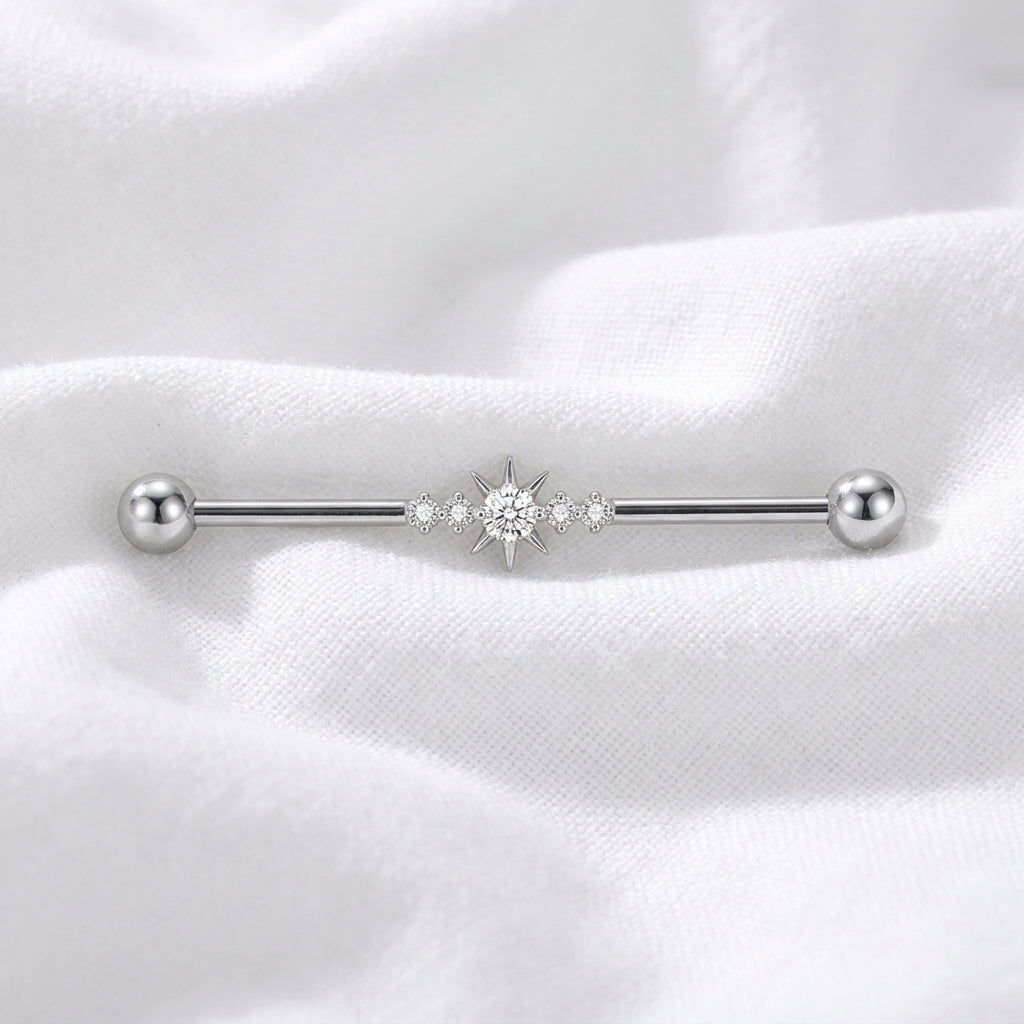 Piercing Industriel Doré : Barre Étoile et Zircons Brillants - vue 2