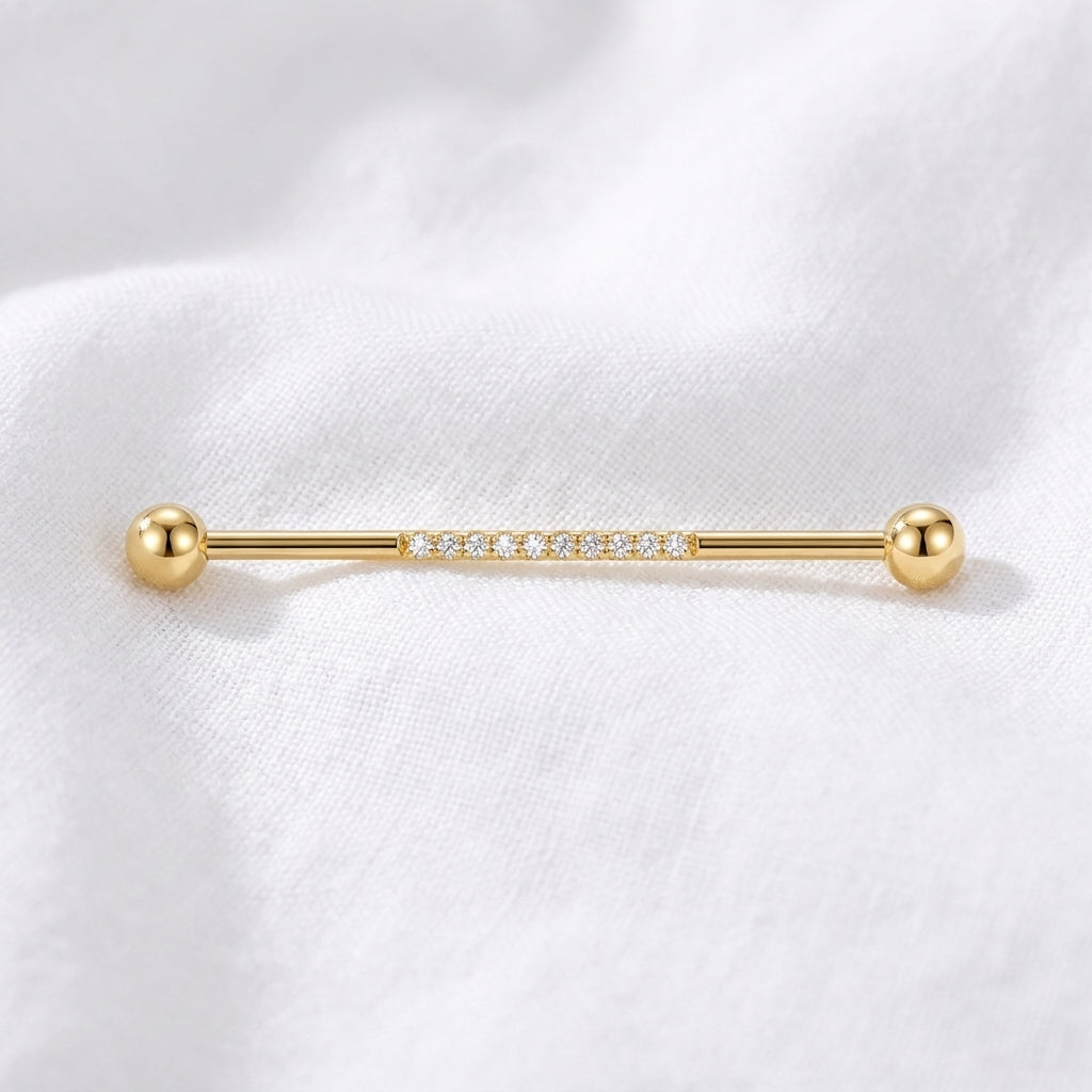 Piercing Industriel Titane Doré : Barre Zircones Pavées - vue 4