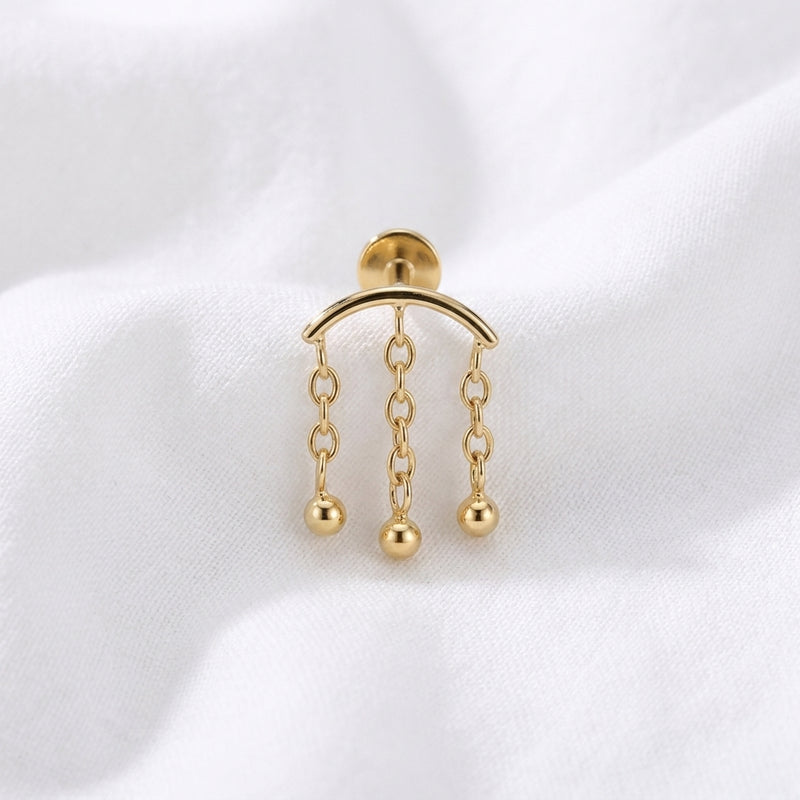 Piercing Labret Doré Arc Chaînes 3 Billes Pendantes Oreille - vue 4