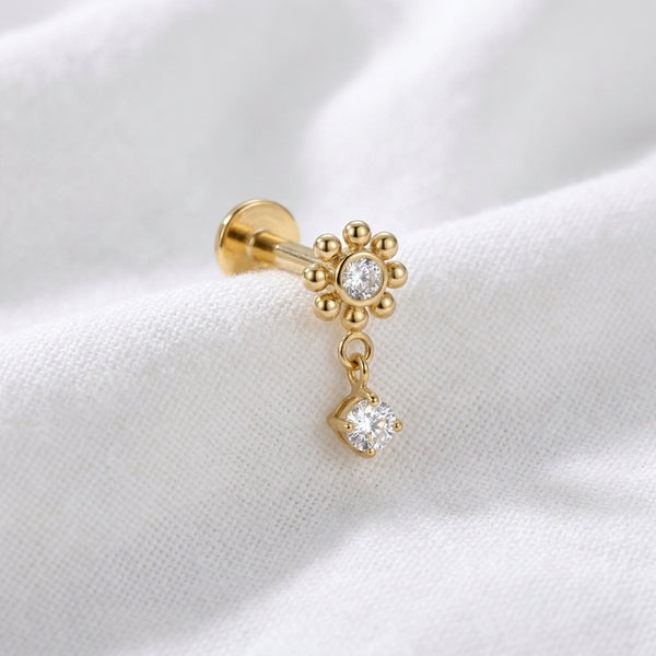 Labret Doré Fleur Boules Zircone & Solitaire Pendant - vue 4