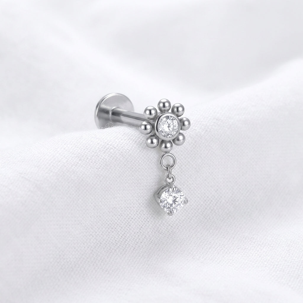 Labret Doré Fleur Boules Zircone & Solitaire Pendant - vue 2