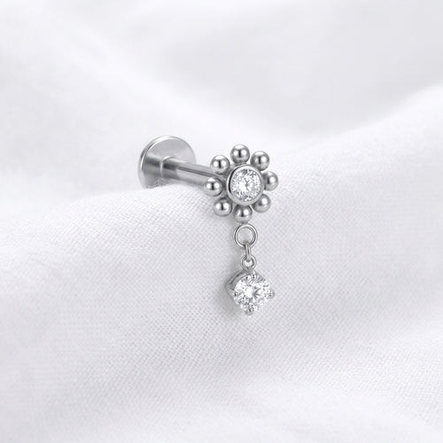 Labret Doré Fleur Boules Zircone & Solitaire Pendant - vue 2