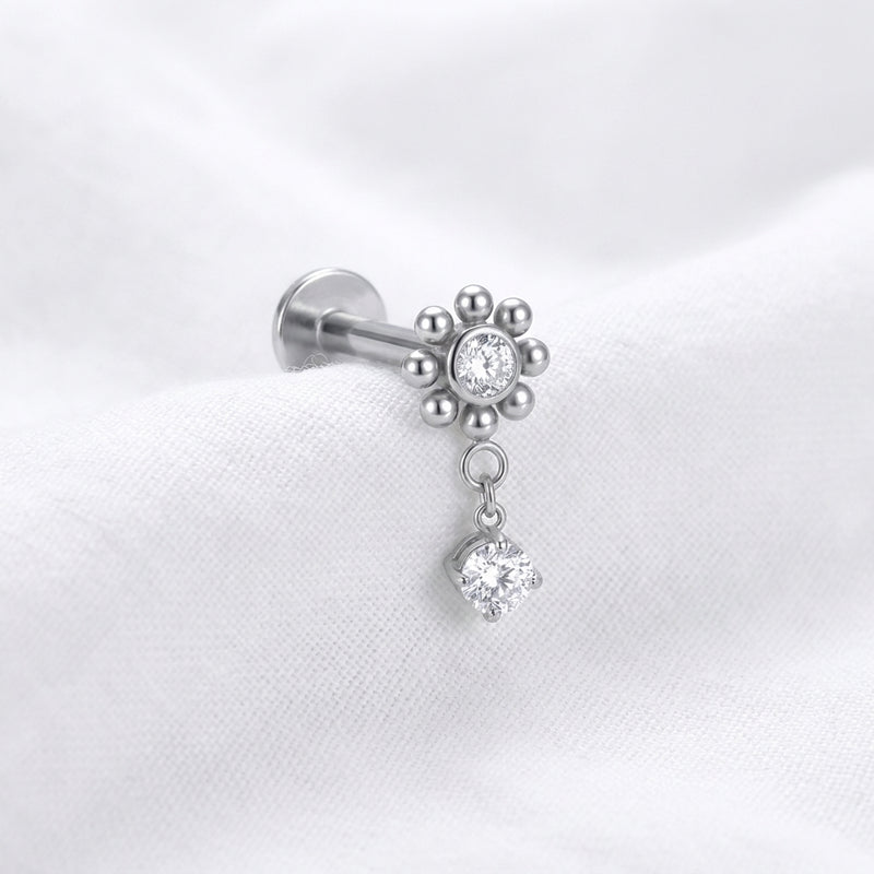 Labret Doré Fleur Boules Zircone & Solitaire Pendant - vue 2