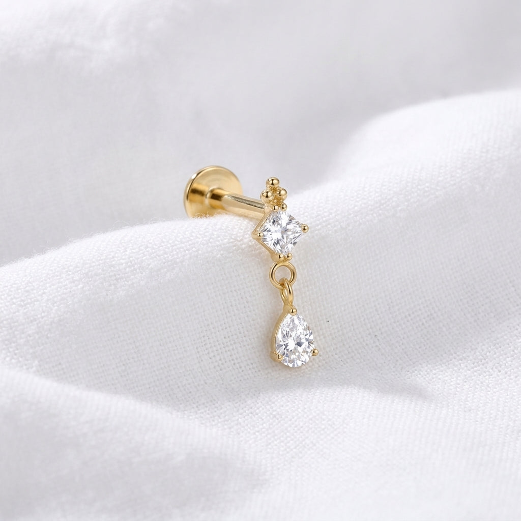 Piercing Labret Doré Carré & Goutte Zircone en Cascade Oreille - vue 4