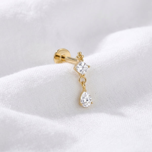 Piercing Labret Doré Carré & Goutte Zircone en Cascade Oreille - vue 4