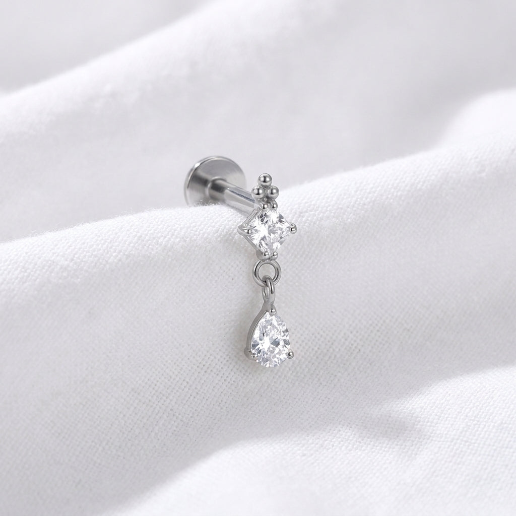 Piercing Labret Doré Carré & Goutte Zircone en Cascade Oreille - vue 2