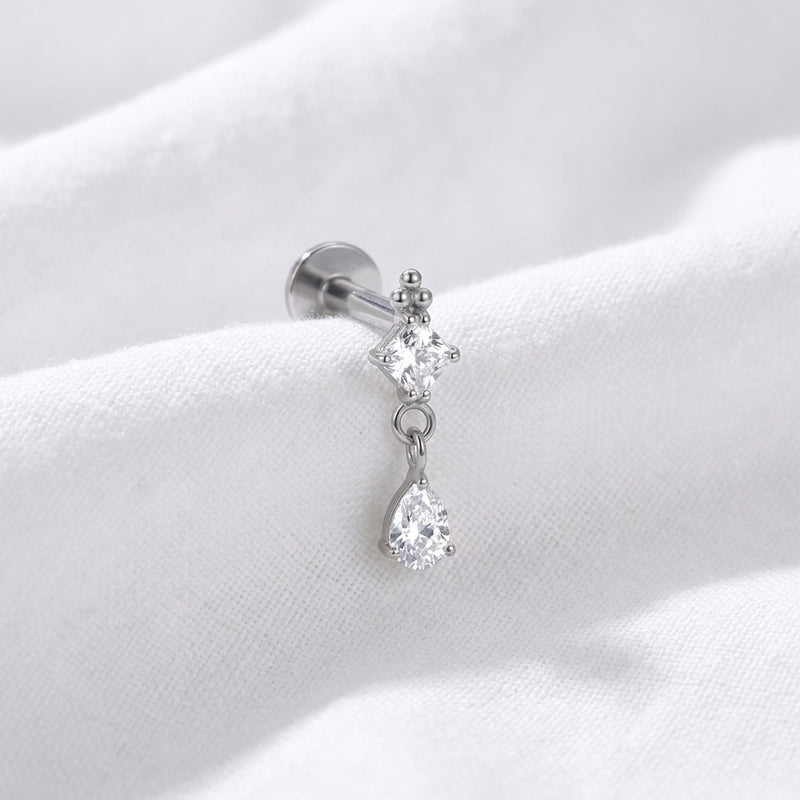 Piercing Labret Doré Carré & Goutte Zircone en Cascade Oreille - vue 2