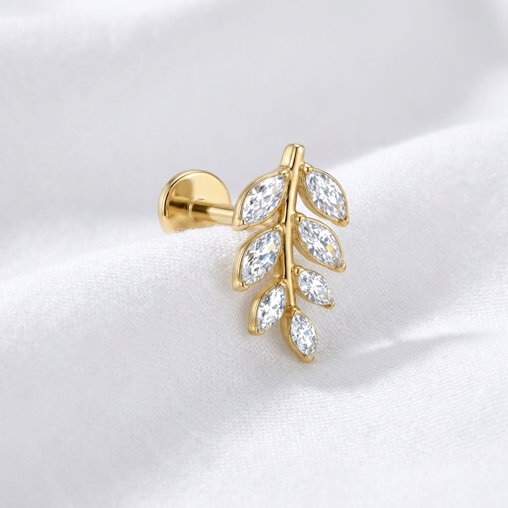 Labret d'oreille doré feuille zircon marquise climber - vue 4