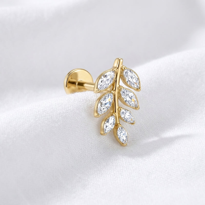 Labret d'oreille doré feuille zircon marquise climber - vue 4