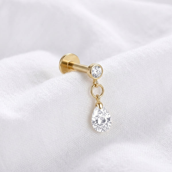 Labret doré zircon rond et goutte d'eau pendante - vue 4