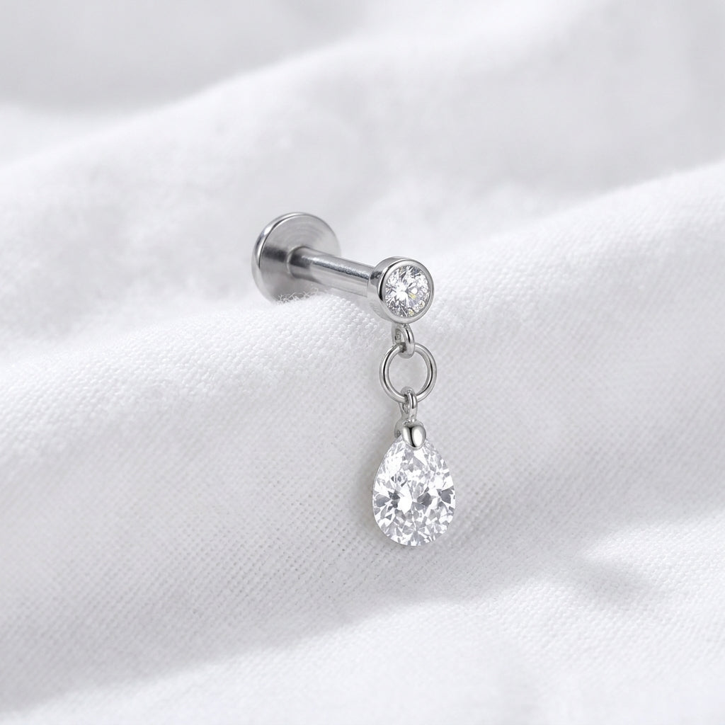 Labret doré zircon rond et goutte d'eau pendante - vue 2