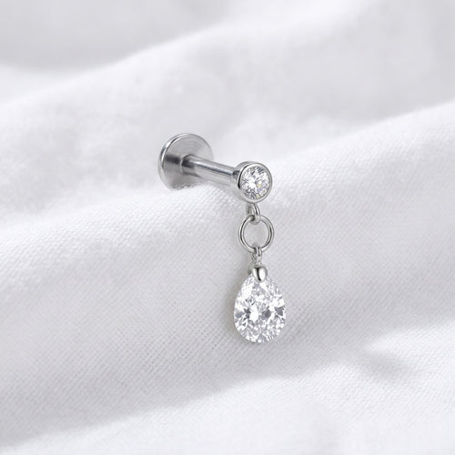 Labret doré zircon rond et goutte d'eau pendante - vue 2