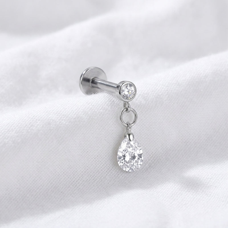 Labret doré zircon rond et goutte d'eau pendante - vue 2
