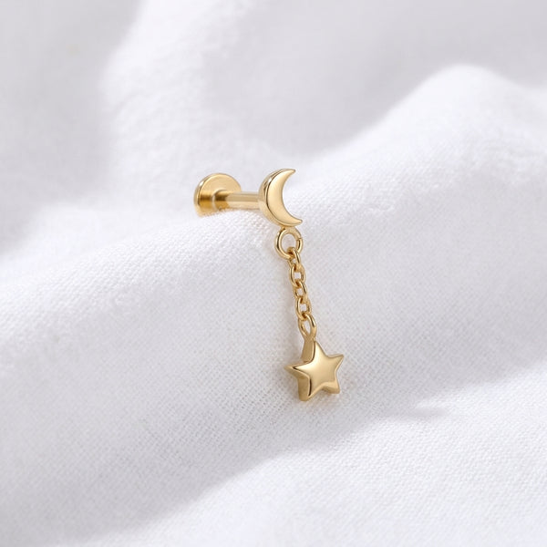 Labret doré lune et étoile à chaîne pour piercing d'oreille - vue 4