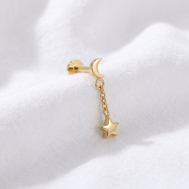 Labret doré lune et étoile à chaîne pour piercing d'oreille - vue 4