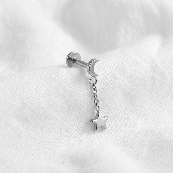 Labret doré lune et étoile à chaîne pour piercing d'oreille - vue 2