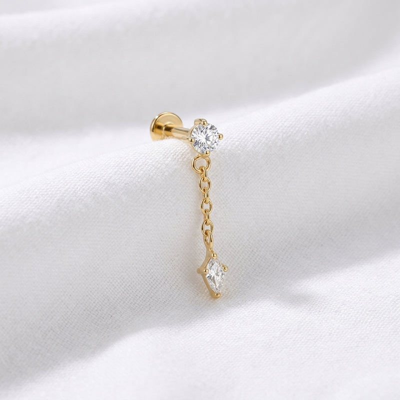 Piercing Labret doré chaîne zircone ronde et poire pour l'oreille - vue 4