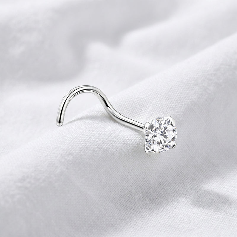 Vis nez argentee zircon solitaire blanc — pose tissu blanc