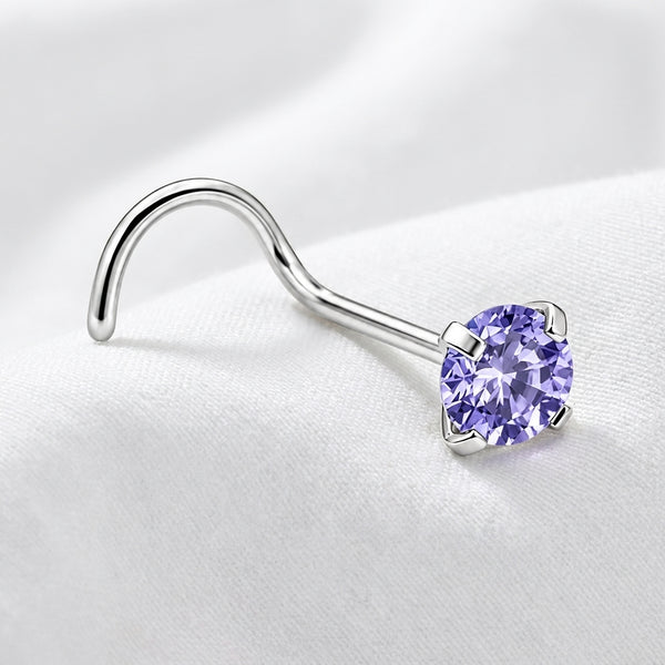 Vis nez argentee zircon solitaire violet lilas — pose tissu blanc