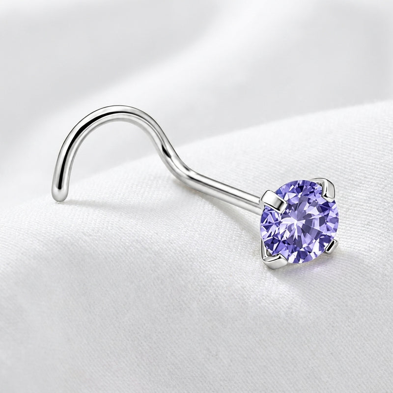 Vis nez argentee zircon solitaire violet lilas — pose tissu blanc