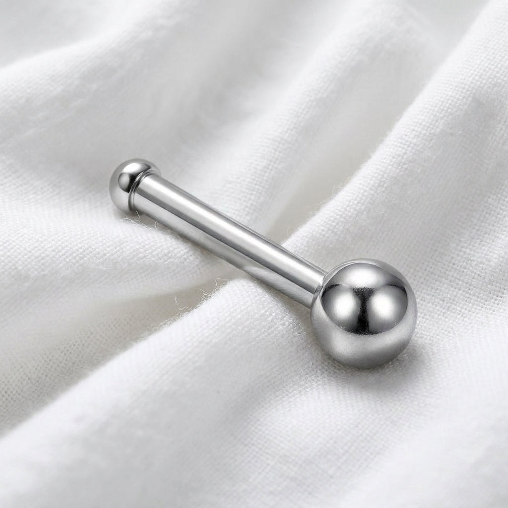 Tige droite argentee grande boule lisse — pose tissu blanc