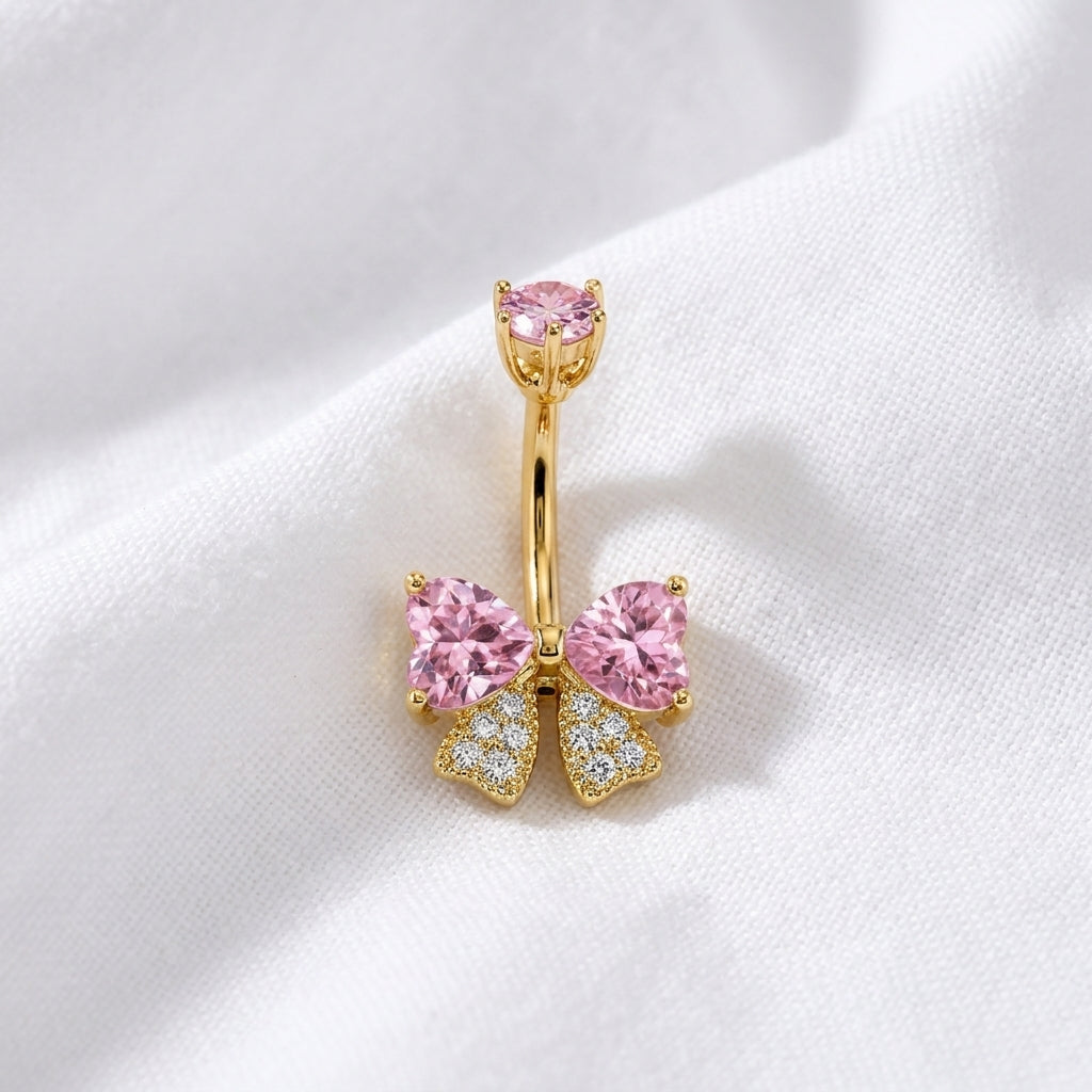 Piercing nombril nœud papillon zircon doré - vue 8