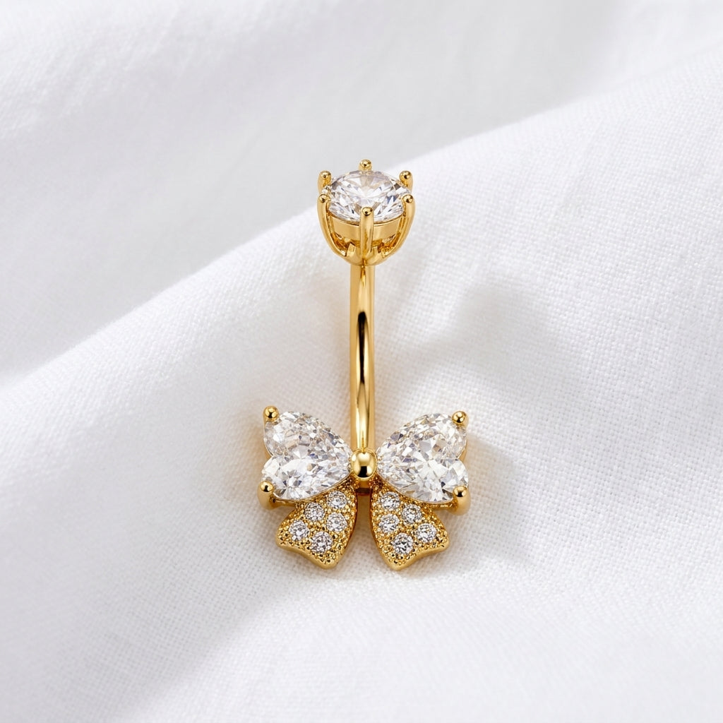 Piercing nombril nœud papillon zircon doré - vue 10