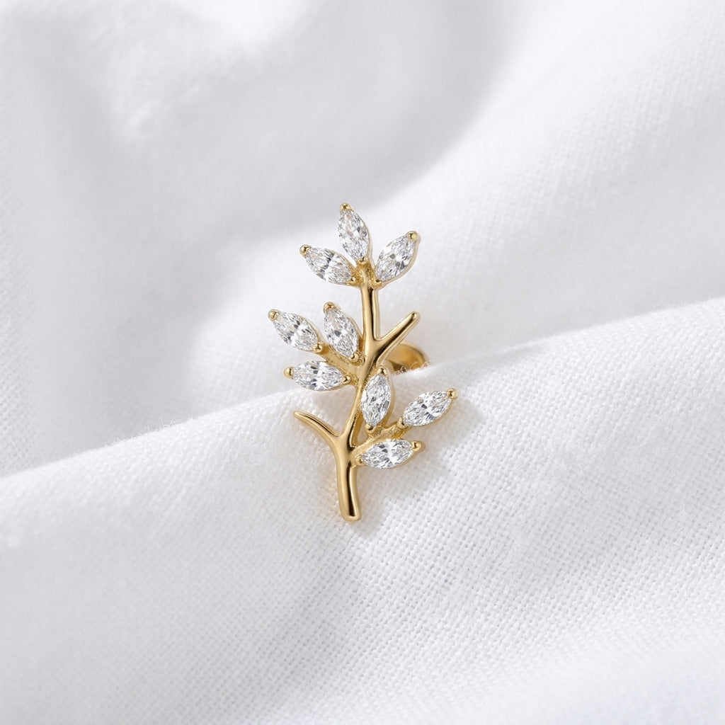 Piercing Oreille Labret Doré Branche de Feuilles Zircon - vue 4