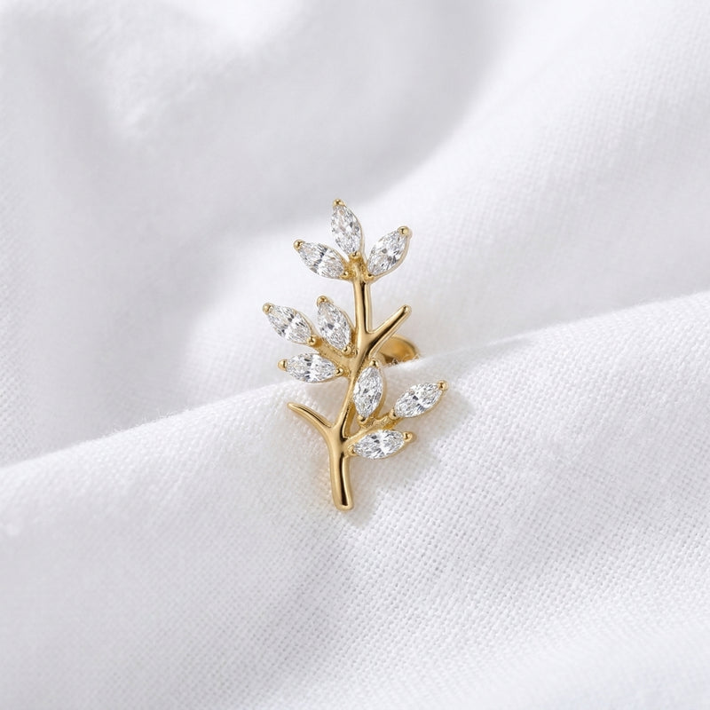 Piercing Oreille Labret Doré Branche de Feuilles Zircon - vue 4