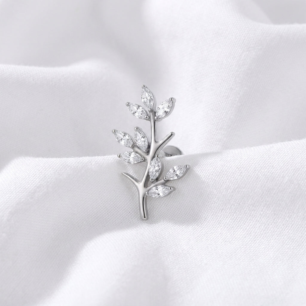 Piercing Oreille Labret Doré Branche de Feuilles Zircon - vue 2