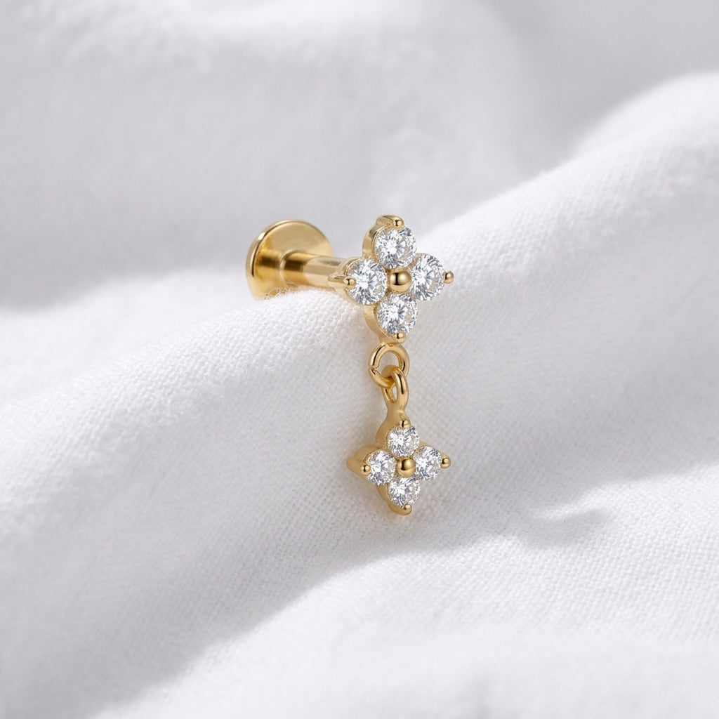 Piercing oreille labret doré fleur zircone double pendentif - vue 9