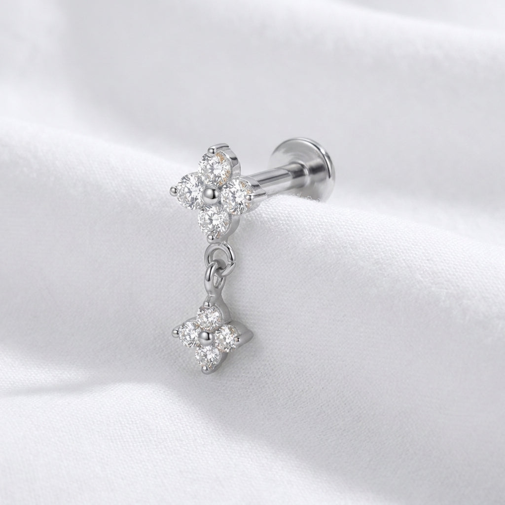 Piercing oreille labret doré fleur zircone double pendentif - vue 6