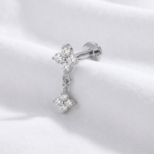 Piercing oreille labret doré fleur zircone double pendentif - vue 6