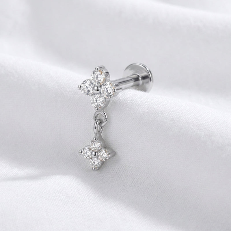 Piercing oreille labret doré fleur zircone double pendentif - vue 6