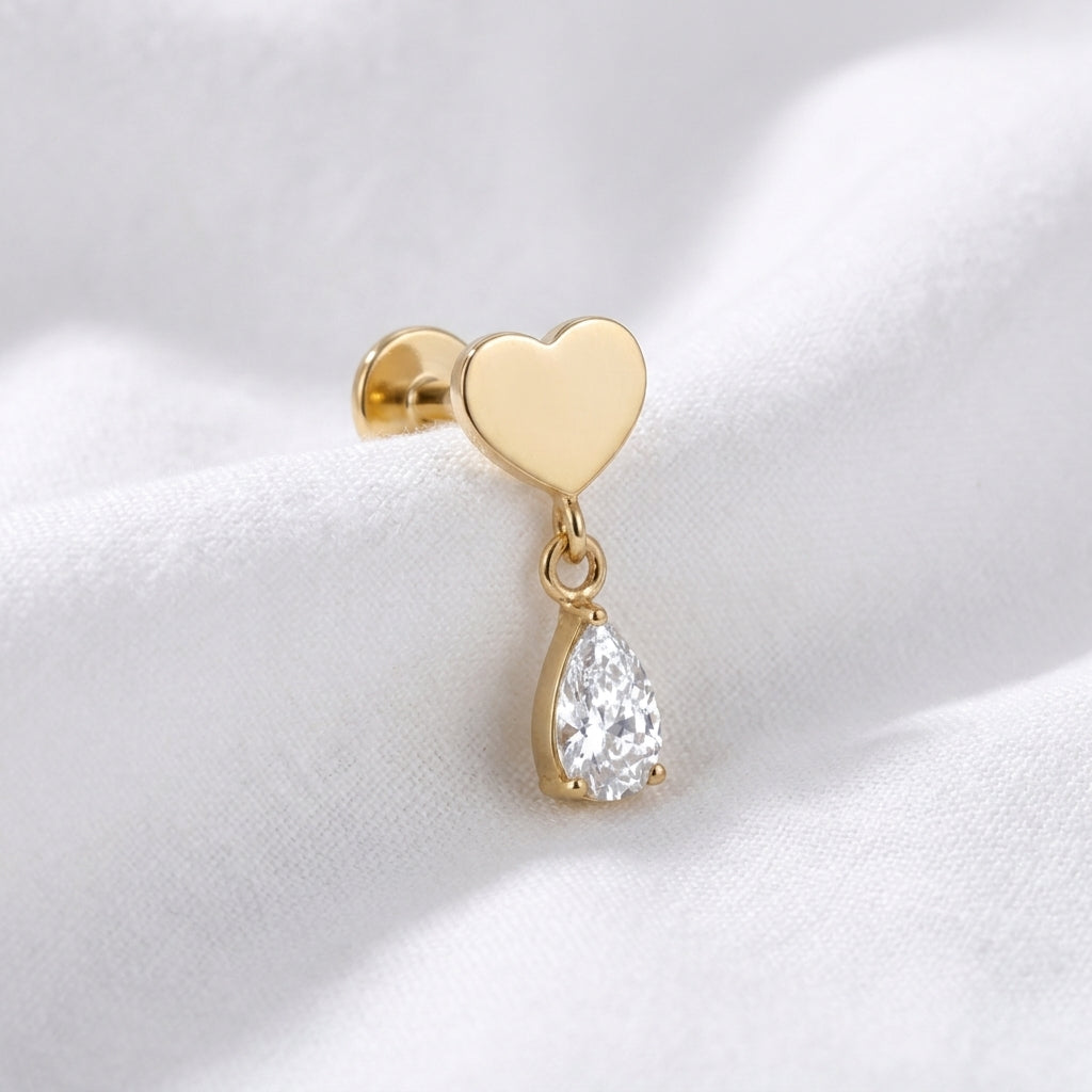 Piercing Labret Cœur Doré Pendentif Goutte Zircon | Tragus & Helix - vue 5