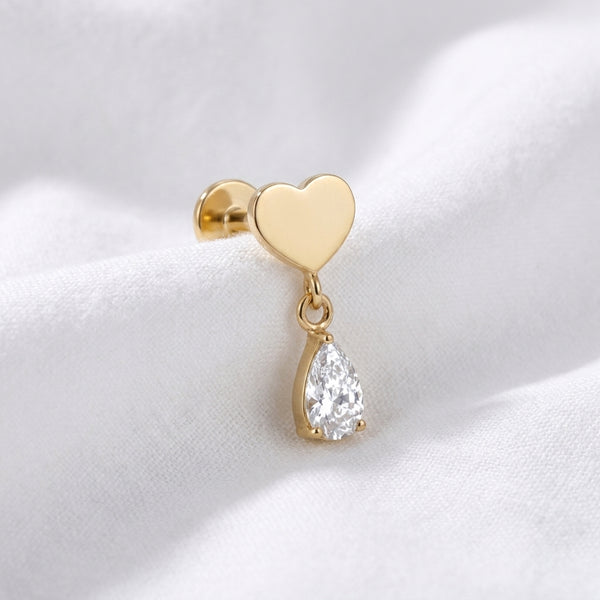 Piercing Labret Cœur Doré Pendentif Goutte Zircon | Tragus & Helix - vue 5
