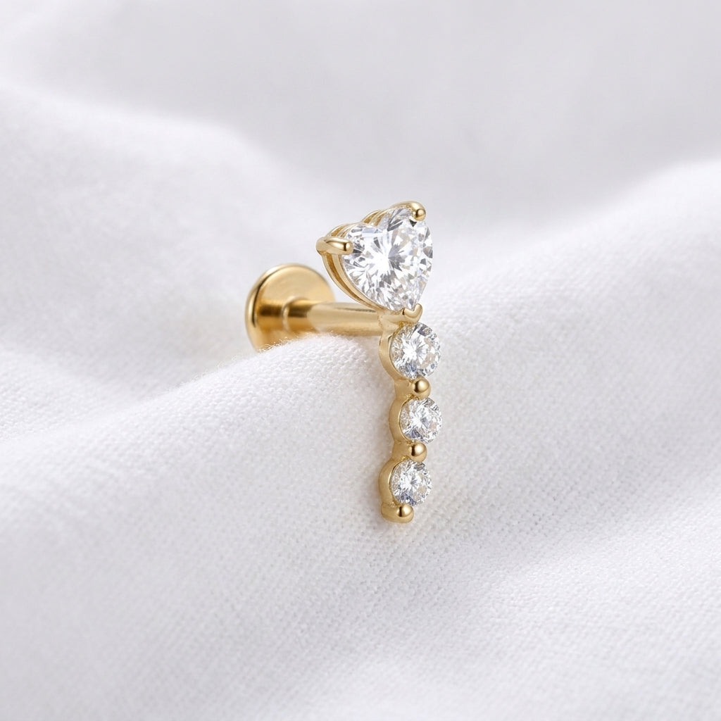 Piercing Tragus Labret Doré Cœur Zircon & Cascade - vue 4
