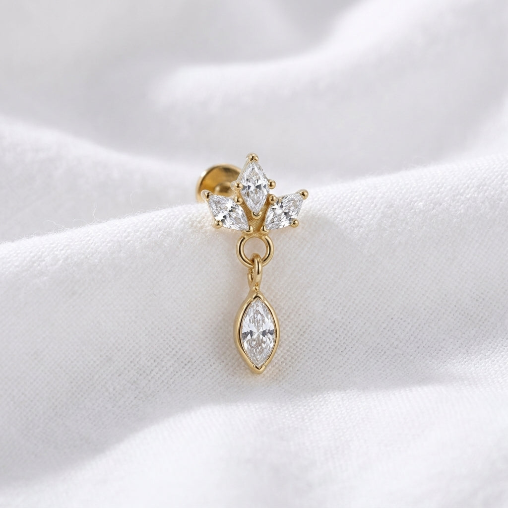 Piercing Labret Tragus Doré | Couronne Zircons Marquise Pendante - vue 4