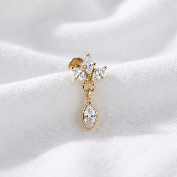 Piercing Labret Tragus Doré | Couronne Zircons Marquise Pendante - vue 4