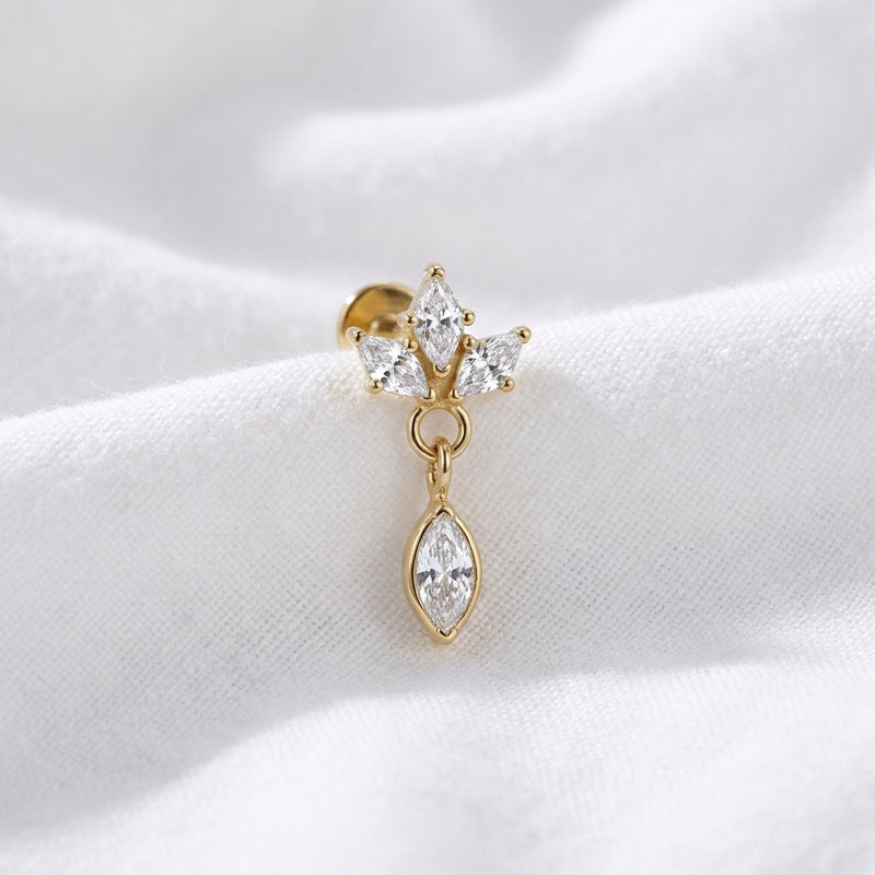Piercing Labret Tragus Doré | Couronne Zircons Marquise Pendante - vue 4