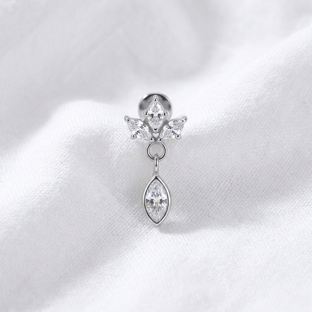 Piercing Labret Tragus Doré | Couronne Zircons Marquise Pendante - vue 2