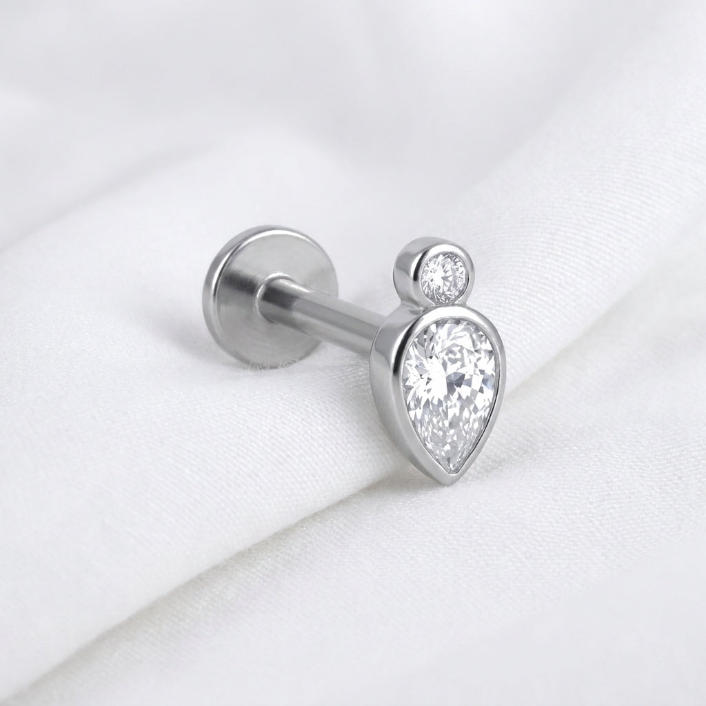 Piercing Tragus Labret Doré Titane Double Pierre Ronde & Poire - vue 2