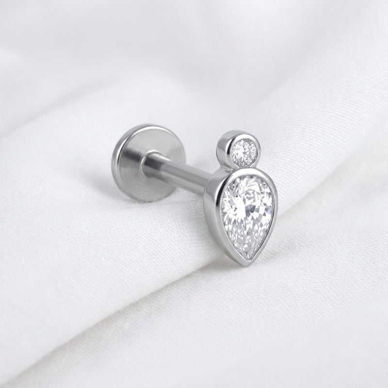 Piercing Tragus Labret Doré Titane Double Pierre Ronde & Poire - vue 2