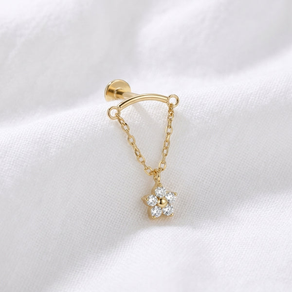Piercing Tragus Labret Doré Chaîne Fleur Zircon - vue 4