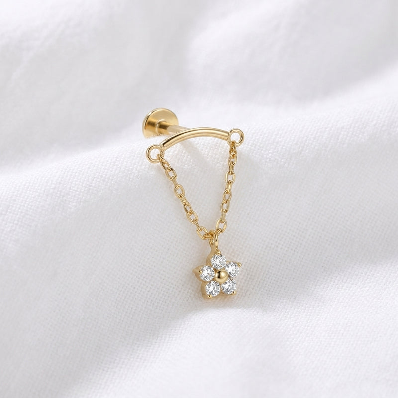 Piercing Tragus Labret Doré Chaîne Fleur Zircon - vue 4