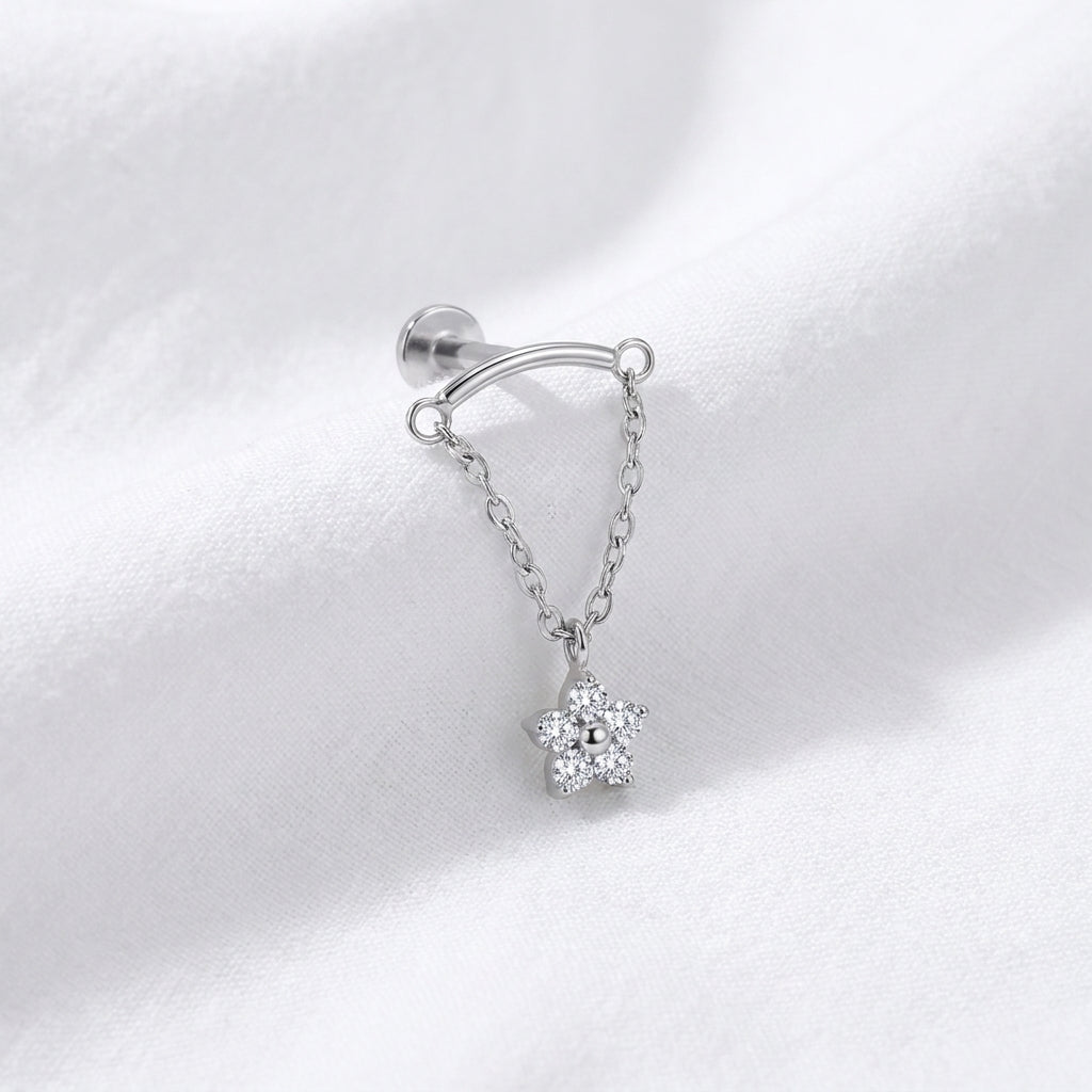 Piercing Tragus Labret Doré Chaîne Fleur Zircon - vue 2